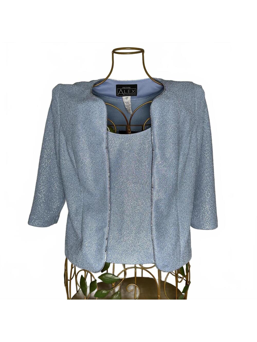 Alex Evenings Petite Ice Blue Shimmer 2 Piece Evening Set Tank & Open Cardigan - Picture 2 of 7